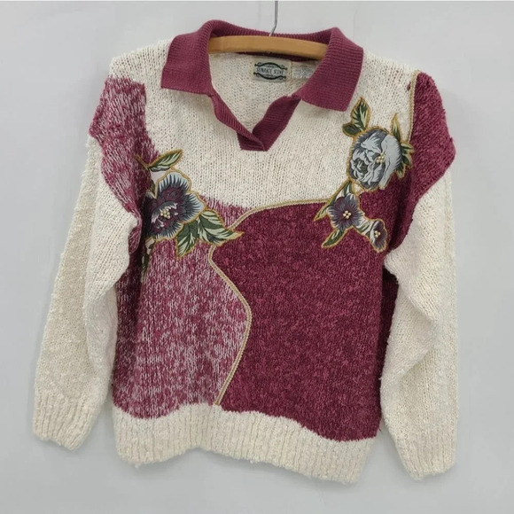 Vintage Floral Patchwork Color Popcorn Knit V-neck  Sweater - Picture 12 of 12